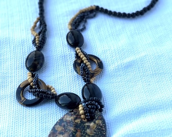 Handmade Black Beaded Necklace with Large Oval Pendant- Statement Jewelry with Resin & Wood Accents