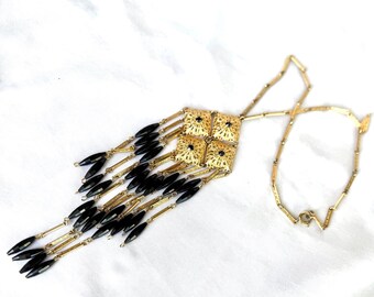 Vintage 1960s Statement Necklace – Gold Filigree & Black Bead Fringe – Dramatic Mid Century Costume Jewelry