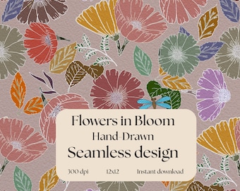 Floral Seamless Pattern Digital Paper | Hand Drawn Flowers in Bloom | Boho Botanical Print for Fabric & DIY Projects