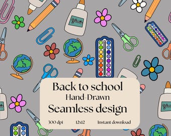 School Supplies Seamless Pattern: Watercolor Back to School Digital Paper (JPEG/PNG)