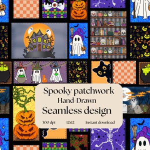 Spooky Halloween Digital Paper: Patchwork Ghosts, Pumpkins (12x12 Instant Download)
