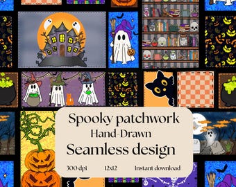Spooky Halloween Digital Paper: Patchwork Ghosts, Pumpkins (12x12 Instant Download)