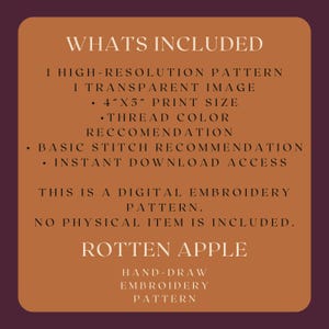 Puede incluir: Un patr&oacute;n de bordado digital con el texto "WHATS INCLUDED" y "ROTTEN APPLE". El patr&oacute;n incluye un patr&oacute;n de alta resoluci&oacute;n, una imagen transparente, una recomendaci&oacute;n de color de hilo y una recomendaci&oacute;n de puntada b&aacute;sica. El tama&ntilde;o de impresi&oacute;n es de 10,16 cm x 12,7 cm.