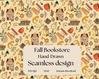 Herbst-Buchhandlung-nahtloses Muster | Gemütlicher Herbst Handgezeichnetes Digitales Papier | Buchliebhaber Scrapbook Hintergrund | 12x12 ”300 DPI Sofortdownload
