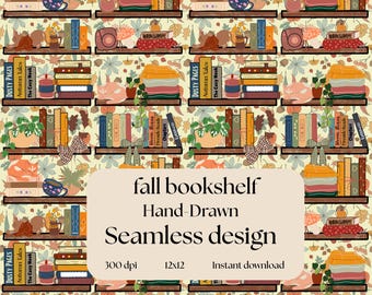 Gemütliches Herbst-Bücherregal-Muster: Handgezeichnetes Herbst-Design (Digitaler Download 12x12 PNG / JPEG)