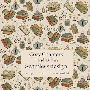 Cozy Chapters Seamless Pattern | Book Lover Digital Paper | Hand-Drawn Cozy Books Print for Scrapbooking, Fabric, Stickers, Home Decor