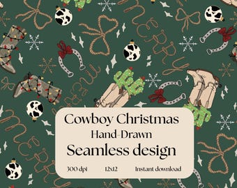 Cowboy Christmas Seamless Pattern | Hand Drawn Western Holiday Digital Download