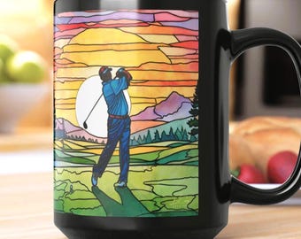 Golf Sunset Ceramic Coffee Mug, Original Stain Glass Style Painting for Golf Loving Men's Gift Designed by Artist Becky Carey