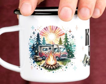 King of the Camper Retro Watercolor Enamel Mug, Camping Sunrise Campfire Design for Camping Trips, Outdoor Nature Lovers, Unique Gift Idea