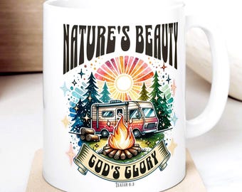 Coffee Mug Isaiah 6:3 Retro Camper Sunrise Sunset "Nature's Beauty God's Glory" Inspirational Scripture Outdoor Lover of Camping Ceramic Cup