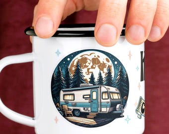 King of the Camper Enamel Mug, Retro Camper Design for Outdoor Camping Trip Lover Unique Tiny Home Gift Idea Design by Artist Becky Carey