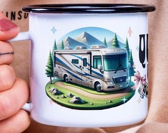Queen Of The Motorhome Enamel Mug, RV Camping Gift for Outdoor Lover, Tiny Home Gift Idea, Designed by Artist Becky Carey