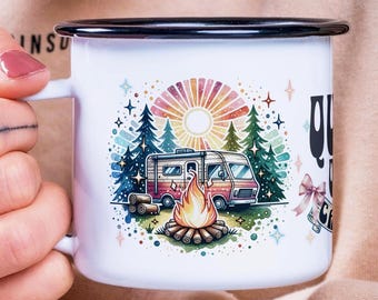 Queen of the Camper Enamel Mug, Retro Watercolor Sunrise and Pink Coquette Coffee Cup, RV Camping Gift for Outdoor Lover