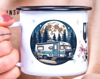 Queen of the Camper Enamel Mug, Retro Camper Design for Outdoor Trip Camping Lover - Unique Tiny Home Gift Idea Design by Artist Becky Carey