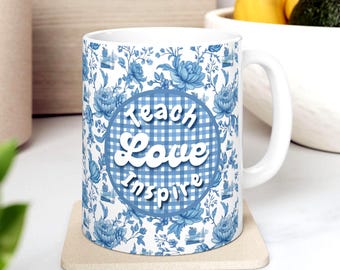 Teacher Gift Mug: Blue Toile, Floral Chinoiserie with Teaching Supplies Designed and Painted by Professional Artist Becky Carey