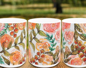 Floral Ceramic Coffee Mug, Original Watercolor Art "Changed by Joy" by Artist Becky Carey