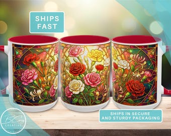 Birth Month Floral Stained Glass Style Ceramic Mug with Vibrant Golden Sunset and Jewel Tone Design by Artist Becky Carey