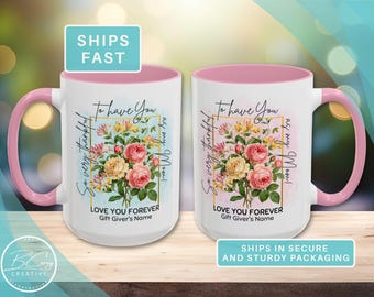 MOM’S Personalized Birth Month Watercolor Flowers Mug, Thankful Birthday Floral Gift for MOM, Designed by Artist Becky Carey