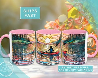Kayaker Ceramic Mug, Stained Glass Style Sunset Lake Art Design, Original Painting and Design by Professional Artist Becky Carey