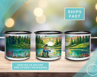 Fisherman Enamel Mug, Matching His and Hers Sunrise Lake Stained Glass Style Coffee Cup Gift, Fishing Lover Art Mug by Artist Becky Carey