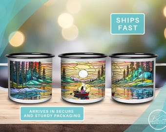 Fishing Lover Enamel Mug, Matching His and Hers Sunrise Lake Stained Glass Style Coffee Cup Gift, Fisherman Art Mug by Artist Becky Carey