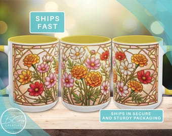 Birth Month Floral Stained Glass Style Ceramic Mug with Soft Translucent Cream, Pink and Yellow Design by Artist Becky Carey