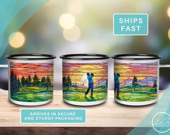 Golf Lover Enamel Mug, Matching His and Hers Sunrise Golf Course Stained Glass Style Coffee Cup Gift, Golf Art Mug by Artist Becky Carey