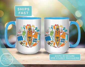 Kayaking Gear Colorful Art Mug, Ceramic Coffee Cup Gift for Kayaker Art Design Kayaking Gift, Boater Essentials Mug, Outdoor Enthusiast Gift