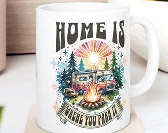 Retro Camper Ceramic Coffee Mug: Watercolor Sunrise, "Home Is Where You Park It" Fun Uplifting Gift for Camping and Outdoor Lover