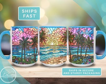 Beach Lovers Tropical Sunset Ceramic Mug, Stained Glass Style Beach & Ocean Scene Coffee Cup, Florida Keys Art Design by Artist Becky Carey