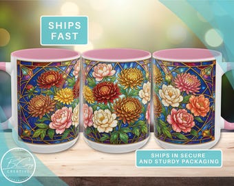 Birth Month Floral Stained Glass Style Ceramic Mug with Radiant Celestial Blue Design by Artist Becky Carey