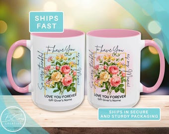 MAMA’S Personalized Birth Month Watercolor Flowers Mug, Thankful Birthday Floral Gift for MAMA, Designed by Artist Becky Carey