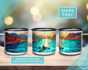 Kayaker Gift Enamel Mug Sea of Cortez Stained Glass Style Camp Cup for Kayaking Lover Friend or Family Art Mug Design by Artist Becky Carey