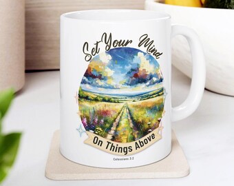 Coffee Mug Colossians 3:2 "Set Your Mind..." Impressionist Sky Pathway Landscape Christian Gift Inspirational Scripture for Outdoor Lover