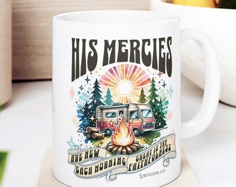 Watercolor Retro Camper Coffee Mug with "His Mercies are New", Scripture Gift Cup