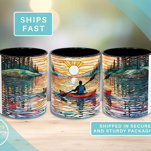 Kayaker Ceramic Mug, Stained Glass Design Style, Sunset Lake Art Original Painting and Design by Professional Artist Becky Carey