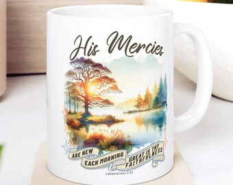 Lake Sunrise Watercolor Ceramic Mug, Lamentations 3:23 "His Mercies are New Each Morning" Christian Coffee Cup Gift for Outdoor Lover