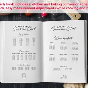 May include: An open book displaying kitchen and baking conversion charts. The left page shows a kitchen conversion chart with measurements in ounces, liquid measures, and oven temperatures. The right page shows a baking conversion chart with basic ingredients.