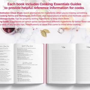 May include: Open cookbook with red edges, featuring cooking guides. Text includes "Kitchen Substitution Cheat Sheet," "Ingredient Storage Guide," and "Spice Pairing Guide." The book provides helpful reference information for cooks. The book is open to a lined page for notes.