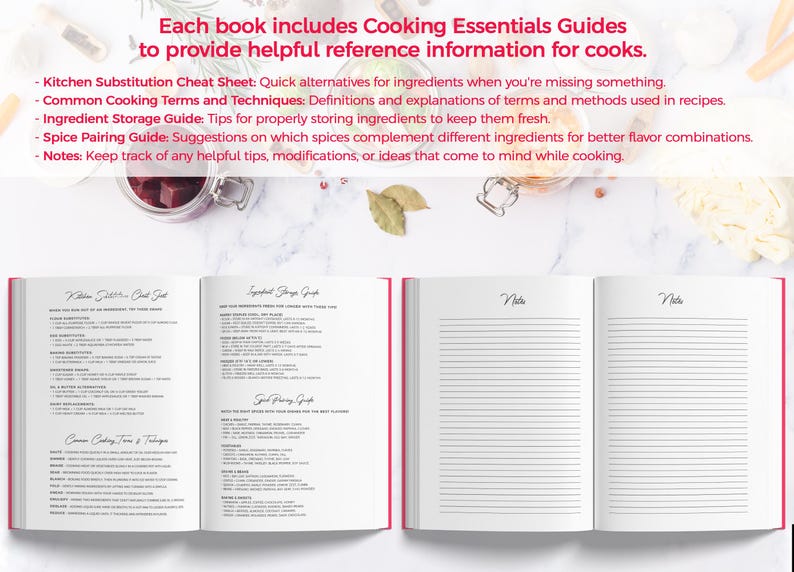 May include: Open cookbook with red edges, featuring cooking guides. Text includes "Kitchen Substitution Cheat Sheet," "Ingredient Storage Guide," and "Spice Pairing Guide." The book provides helpful reference information for cooks. The book is open to a lined page for notes.
