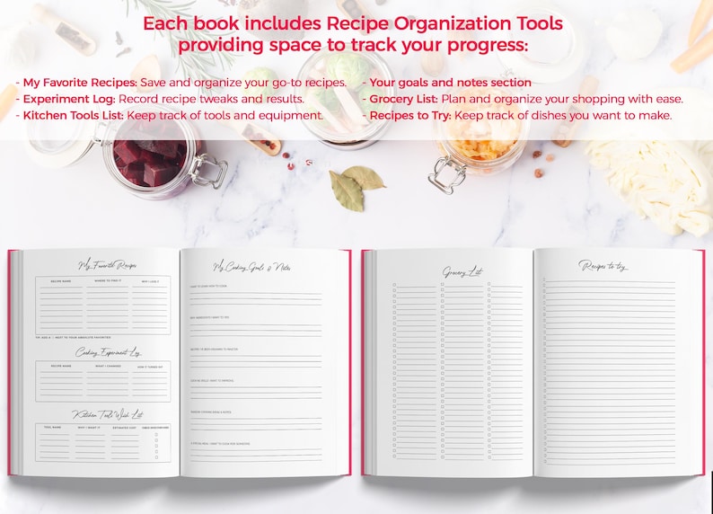 May include: Open recipe book with pink edges, featuring sections for favorite recipes, experiment logs, and grocery lists. The text reads "Each book includes Recipe Organization Tools providing space to track your progress:" with additional sections for notes and recipes.