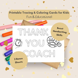 Printable Tracing Card, Handwriting Practice, Kids Worksheet, Preschool Fine Motor Skills, Educational Printable, Thank You Coach