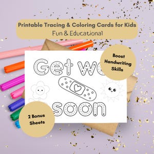Alphabet Tracing Printable, Handwriting Practice for Preschool & Kindergarten, Toddler Worksheets, Fine Motor Skills, Get Well Soon Card