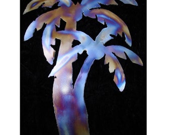 May include: A metal palm tree wall art sculpture with a blue, purple, and brown iridescent finish.