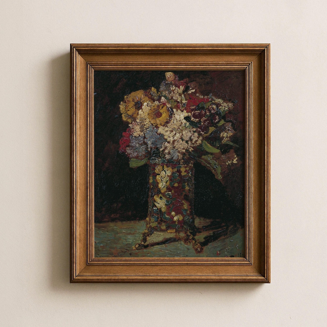Vintage Floral Still Life Art Print – Moody Impasto Painting (digital ...