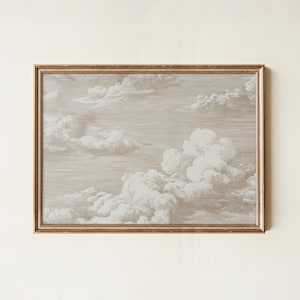 May include: A framed print featuring a detailed depiction of clouds in a sepia tone. The artwork showcases fluffy, white clouds against a light brown background, all within a gold-colored frame. The print evokes a sense of calm and serenity.
