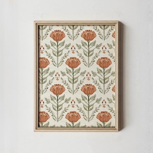 Impresión de acuarela de amapolas estilo cottagecore: arte mural rústico con flores de terracota (descarga digital)