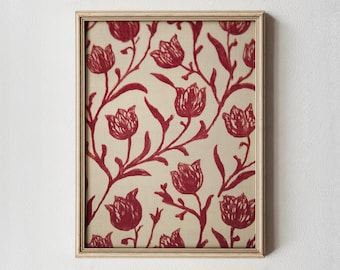 Red Floral Textile Art Print – Vintage Cottagecore Decor (Digital Download)