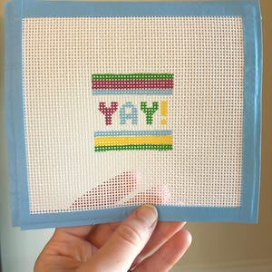 Yay! hand painted needlepoint canvas (2in x 2in); celebrate everything bag charm; boat tote patch; beginner needlepoint project; easy stitch