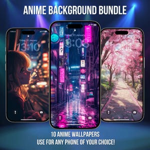 Könnte beinhalten: Ein Set mit 10 Anime-Hintergrundbildern für Handys mit verschiedenen Szenen, darunter ein Mädchen, das aus einem Fenster schaut, eine regnerische Stadtstraße und ein Weg, der von Kirschblütenbäumen gesäumt ist. Der Text "10 ANIME WALLPAPERS USE FOR ANY PHONE OF YOUR CHOICE!" wird am unteren Rand des Bildes angezeigt.